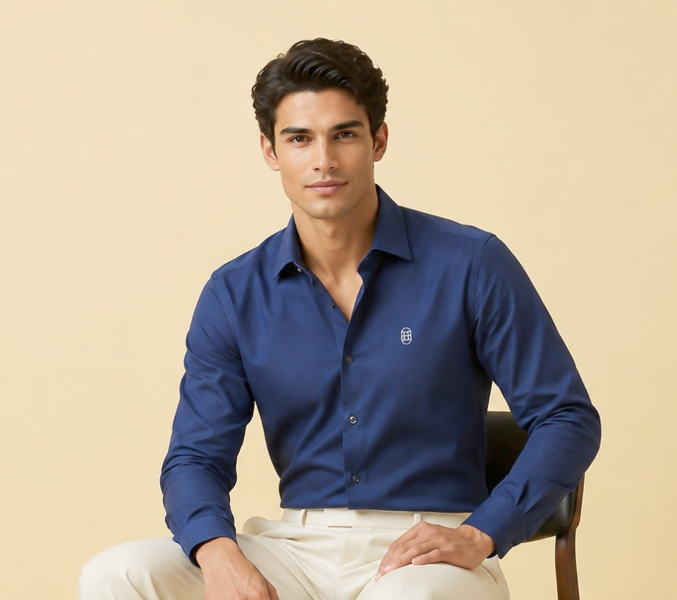 Man seated in an Edoy navy formal shirt