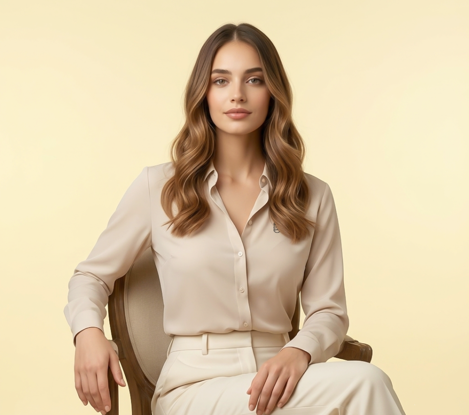 Woman seated in an Edoy stone formal shirt